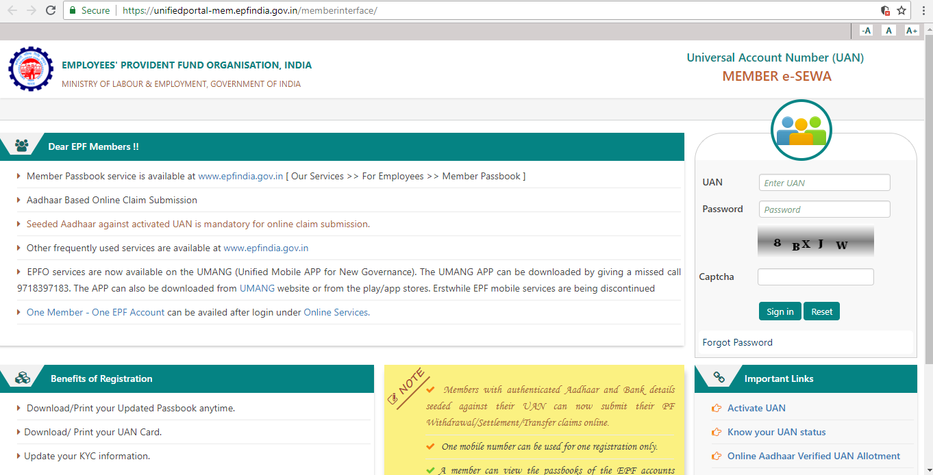 Member login portal- PF withdrawal
