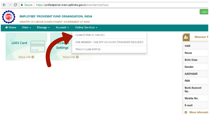 Online services tab, claim- PF withdrawal