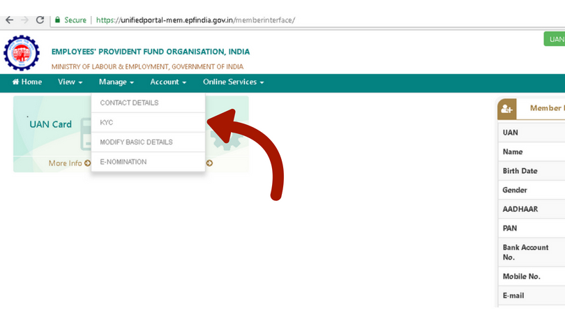 Manage tab, KYC- PF withdrawal