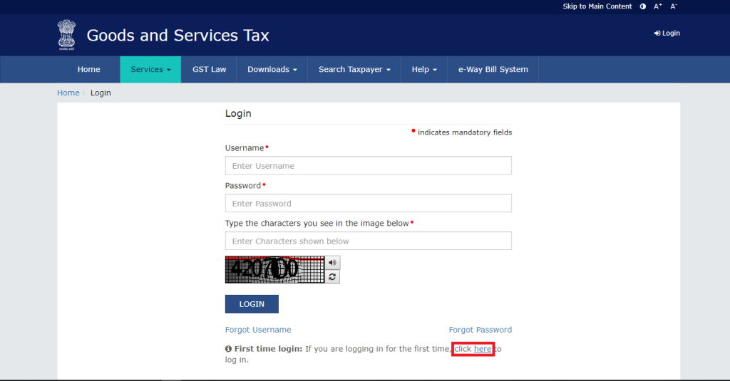 Second step for new user- GST Portal Login