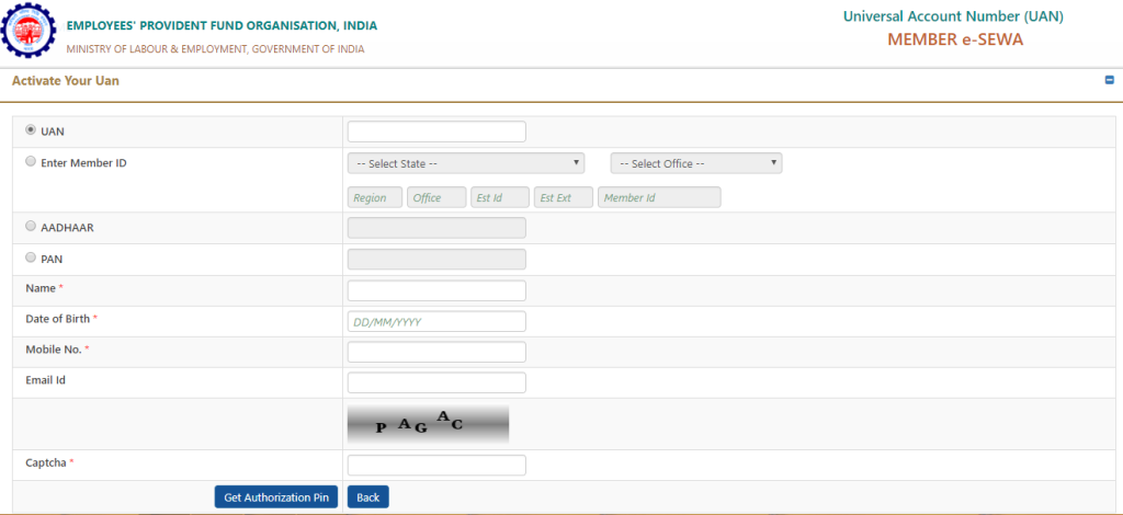 EPFO Portal for UAN activation