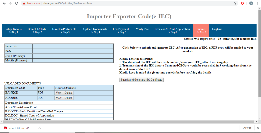 Submit and Genereate IEC Certificate Online