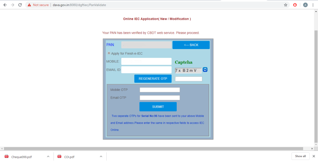 OTP for applying IEC OTP for applying Online IEC