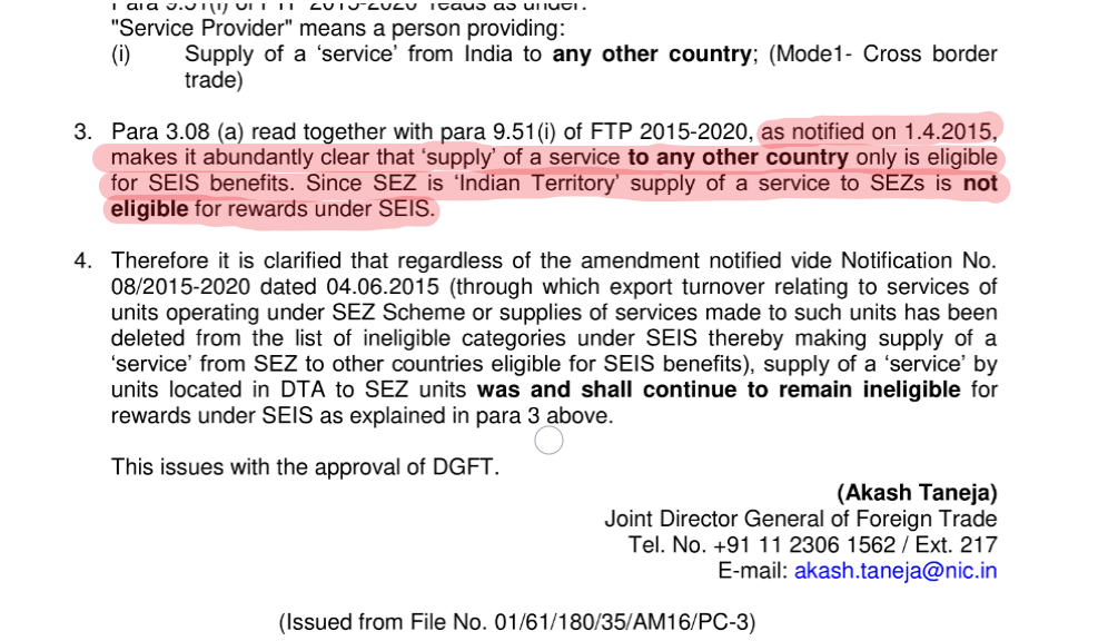 DTA to SEZ eligibility for SEIS notification