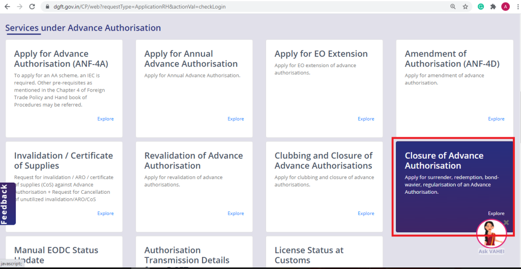 Redemption/Closure of Advance Authorisation